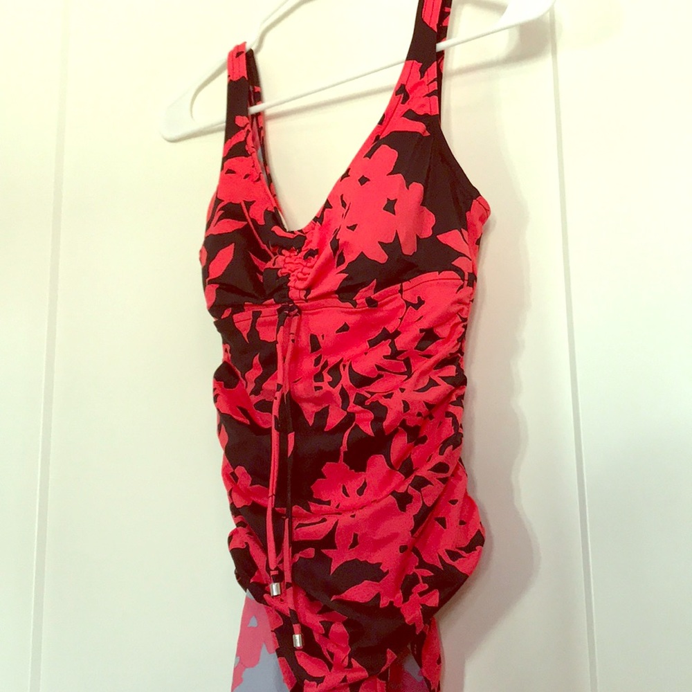One piece swimsuit, black & red floral